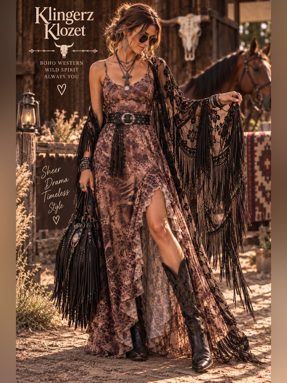 Sheer Animal Print Ruffle Maxi Dress Adjustable Straps Boho Western L